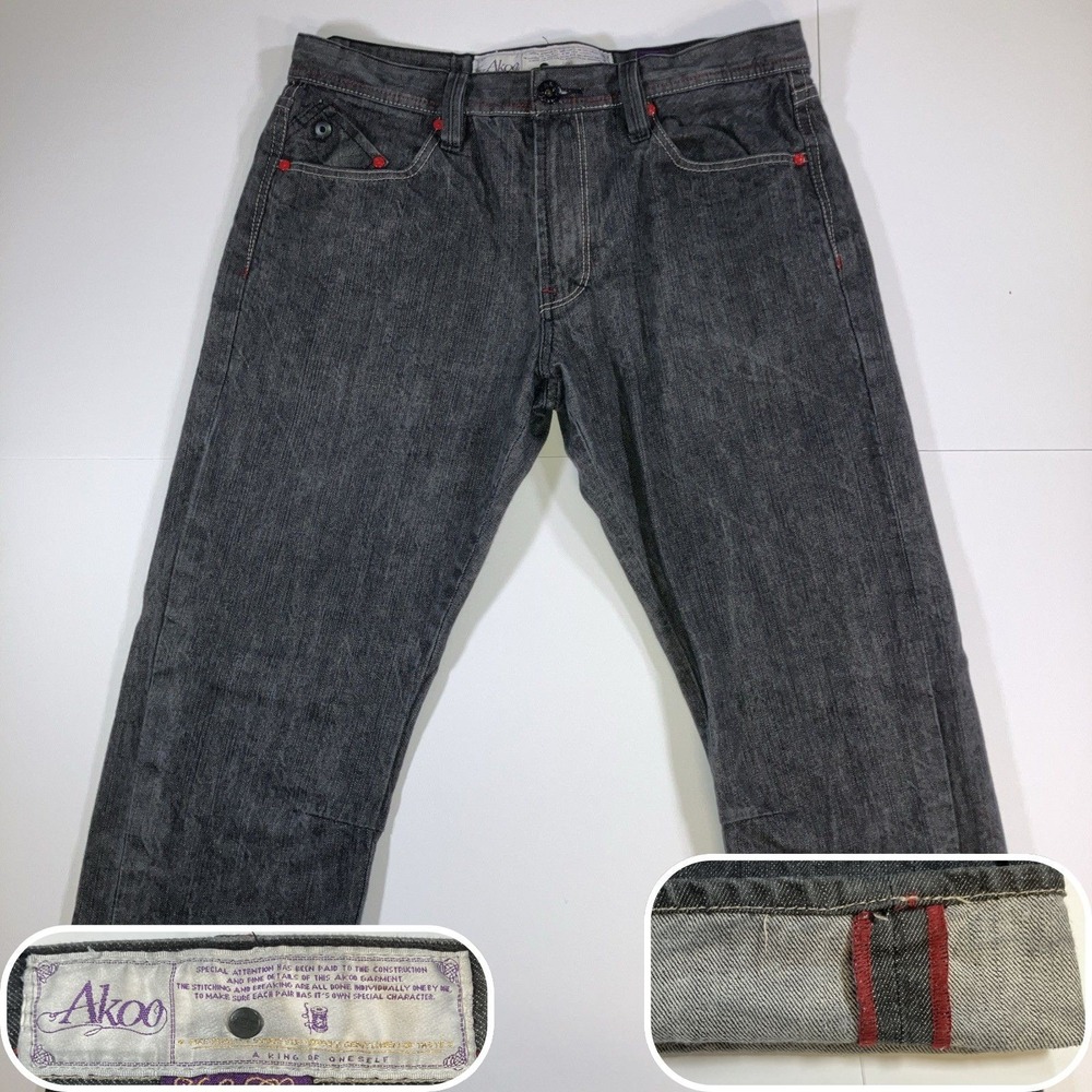 Akoo Jeans Mens 34 Faded Black Selvedge Denim Redline Straight Leg